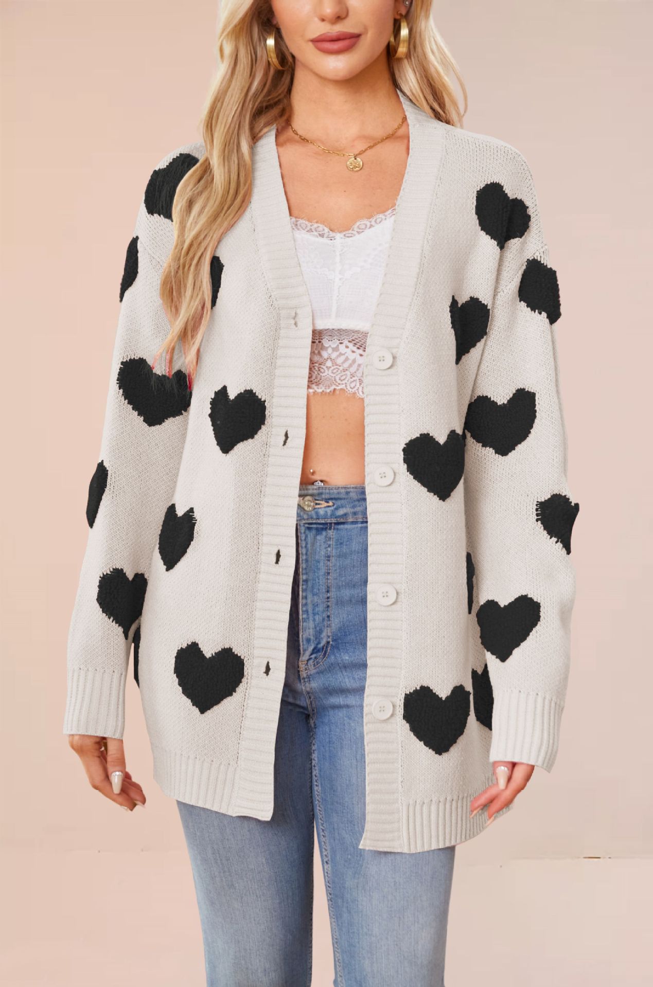 Heart Jacquard Knit Cardigan V-Neck Button Midi Length