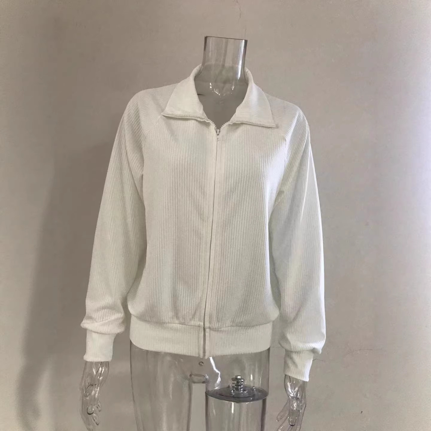 Striped Zip-Up Knit Cardigan Long Sleeve Collared Loose Fit