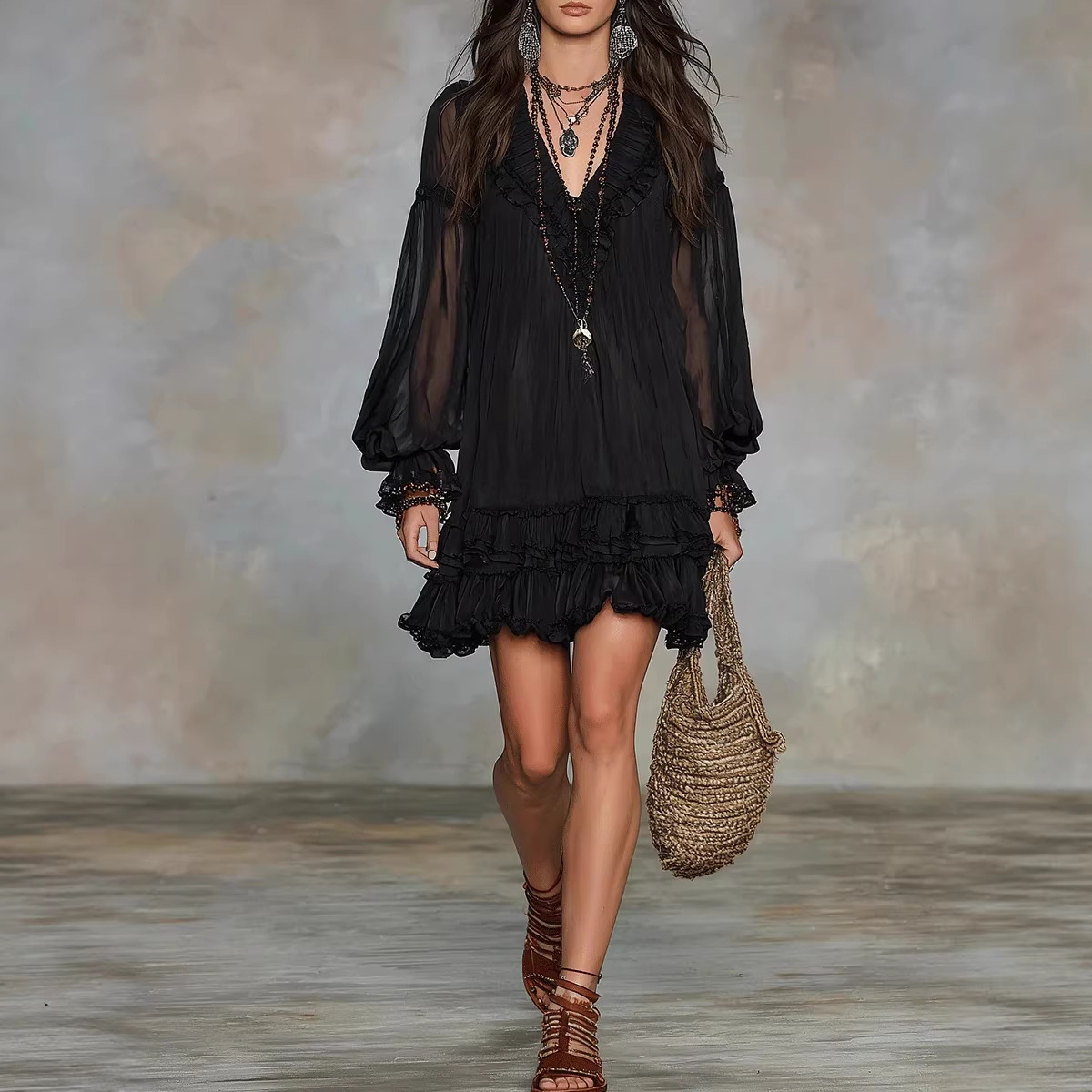 V-Neck Cinched Waist Ruffle Pleated A-Line Mini Dress