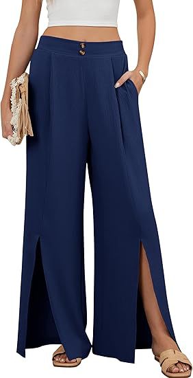 Women's High-Waist Wide-Leg Solid Casual Pants with Elastic Waist