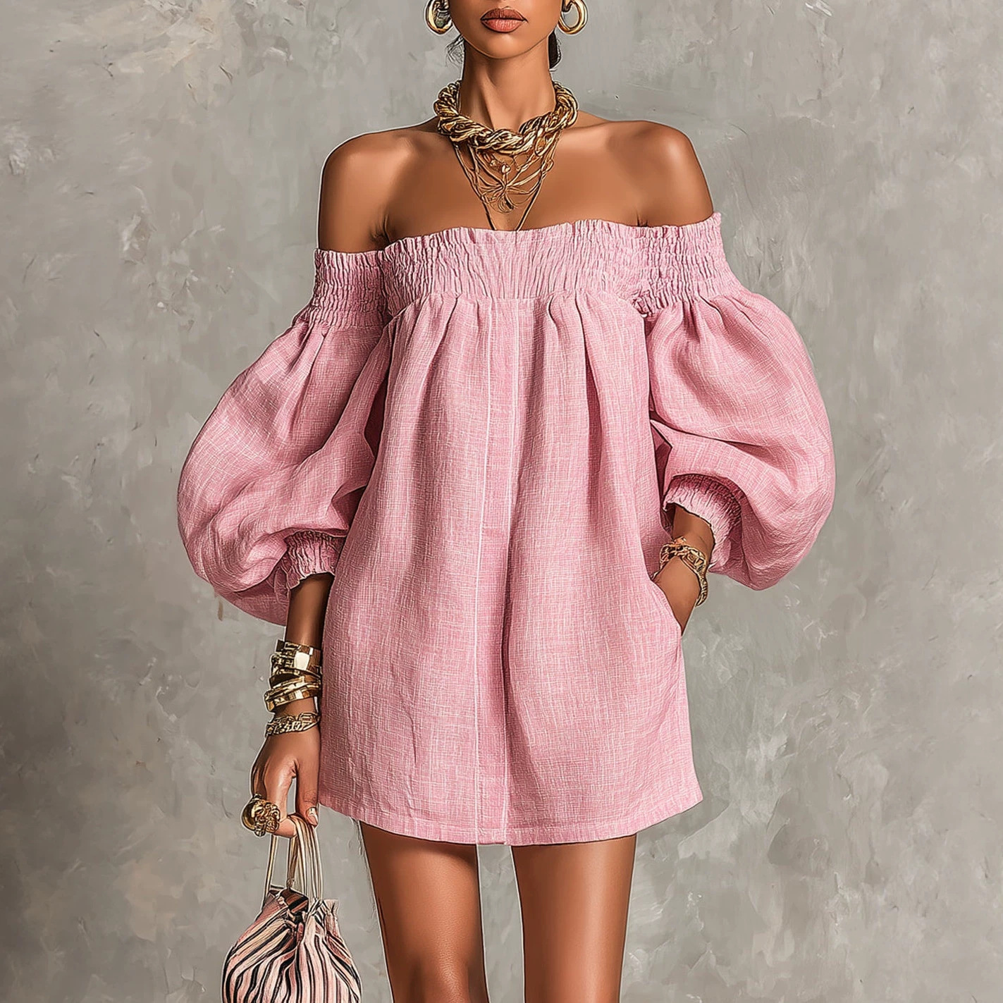 Off-Shoulder Lantern Sleeve A-Line Mini Dress