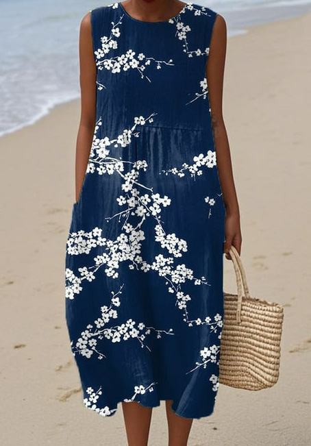 Floral Print Sleeveless Round Neck Loose Midi Dress