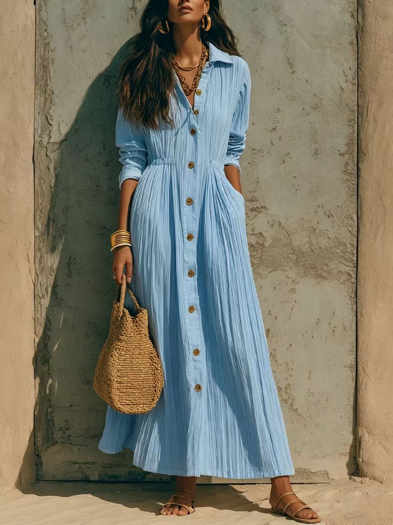 Single-Breasted Multi-Button Pleated Solid Color Long Sleeve Dress