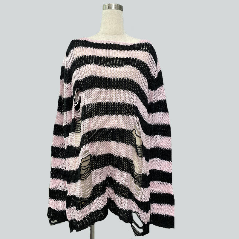 Mohair-Blend Striped Oversized Pullover Sweater Women's Mid-Length Knit