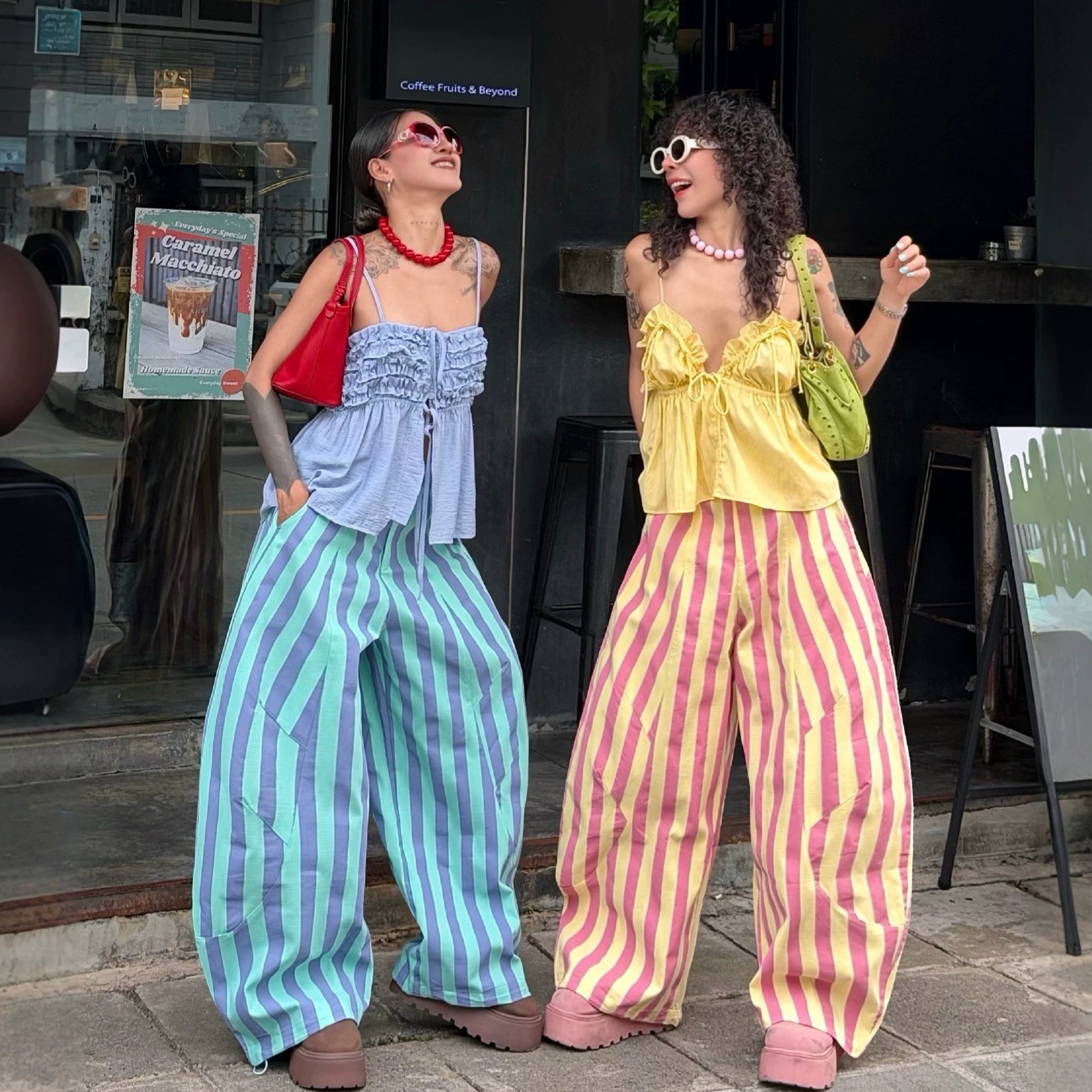 Striped Wide-Leg Pants with Elastic Waist