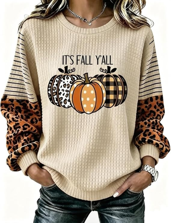 Ribbon Letter Print Crewneck Long Sleeve Waffle Sweatshirt for Women
