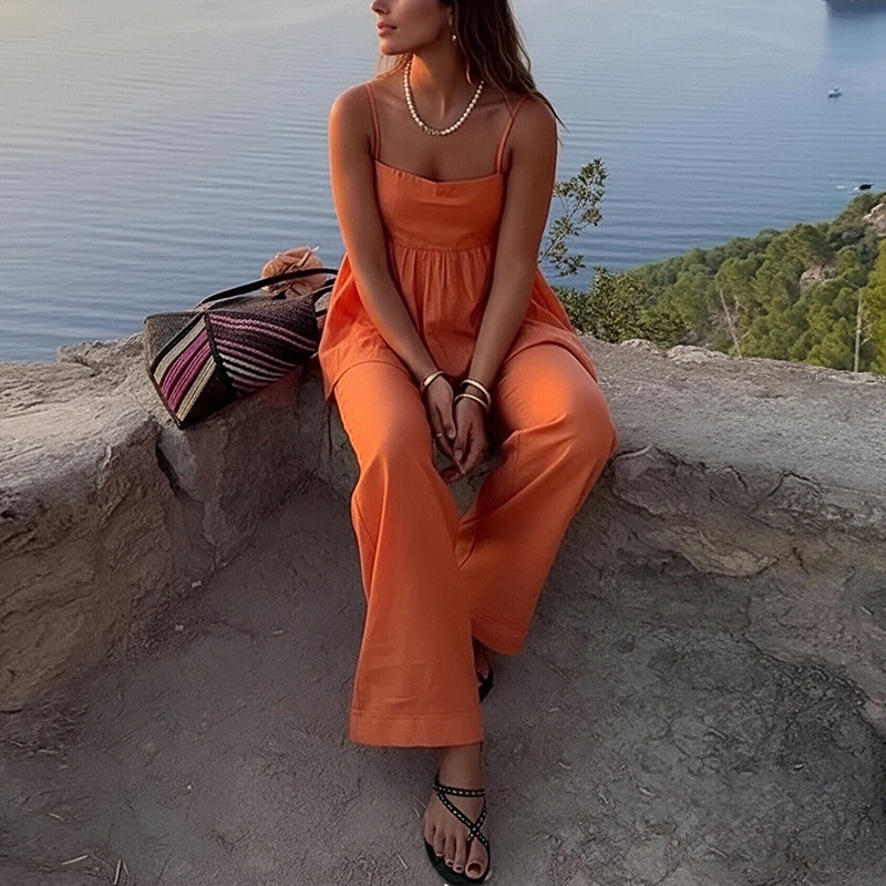 Women's Casual Solid Color Sleeveless Top and Straight-Leg Pants Set