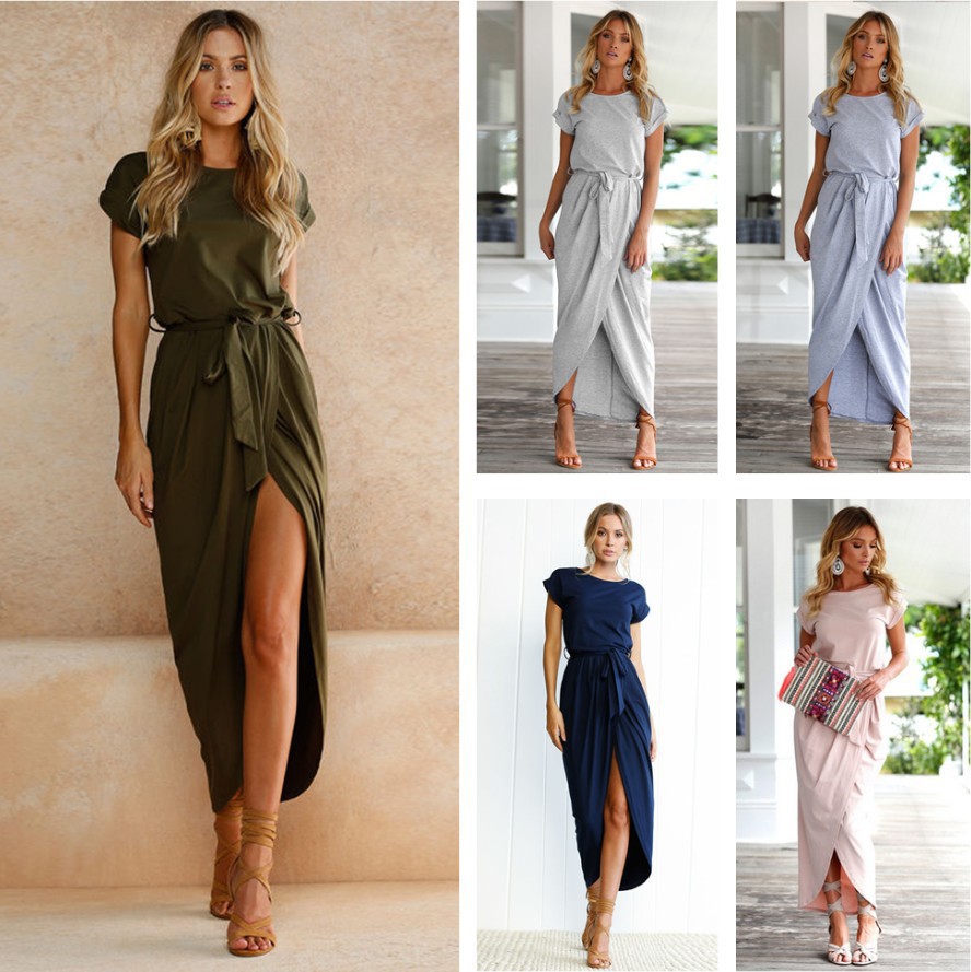 Women's Solid Color Pleated Midi Dress with Round Neck and Short Sleeves