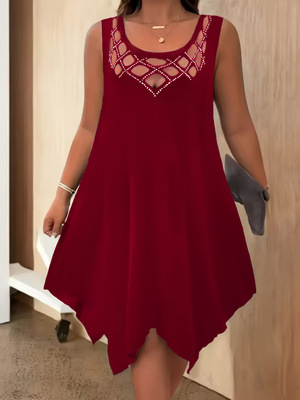 Women's Solid Color Hand-Sequin Cutout Sleeveless A-Line Midi Dress