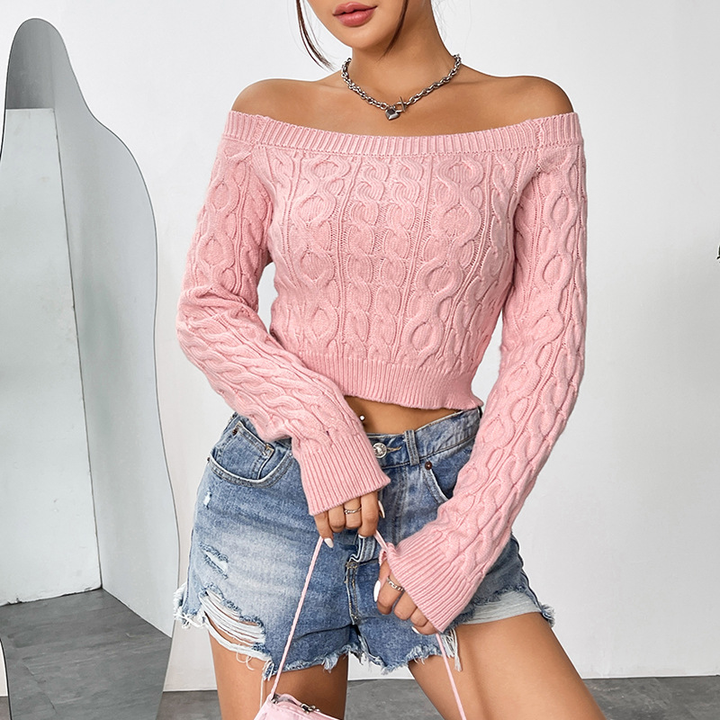 Women's Off-Shoulder Cropped Knit Sweater Slim Fit Sweet Pink