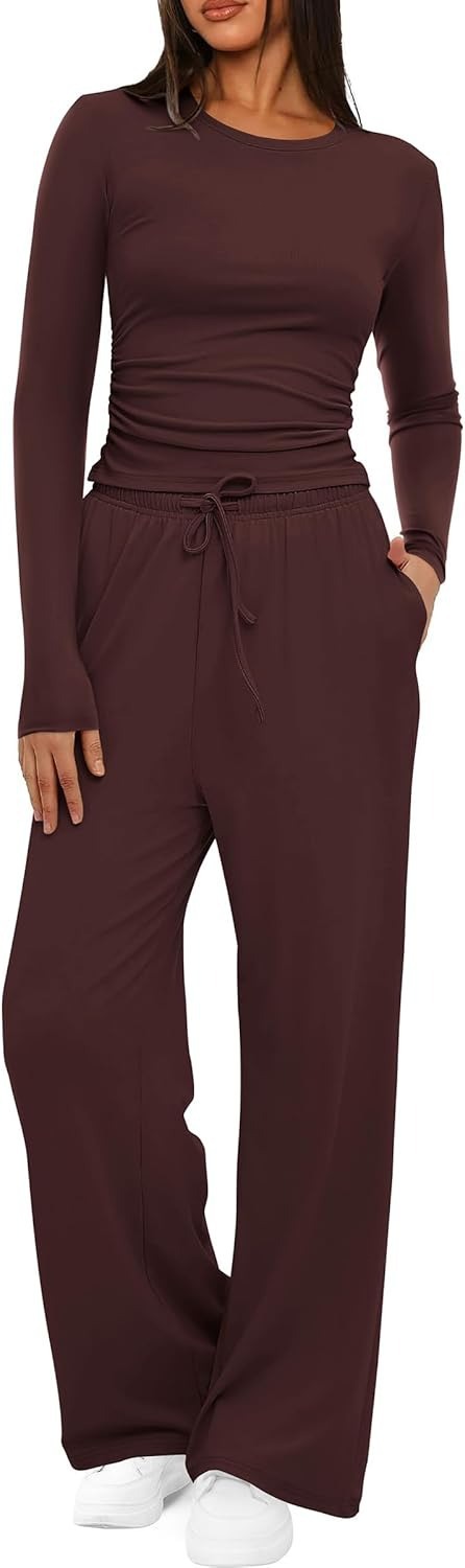 Solid Color Ruched Waist Long Sleeve Top and Pants Set