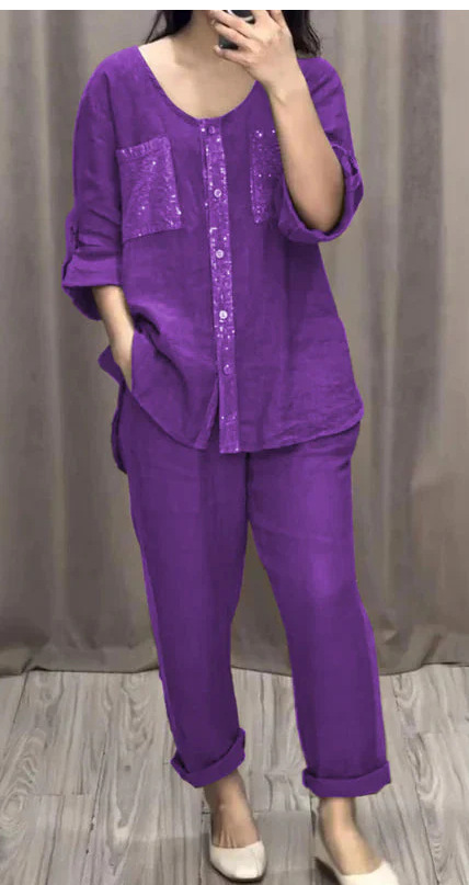 Women's Casual Two-Piece Set with Pockets, Button Placket, and Gold Accents, Round Neck
