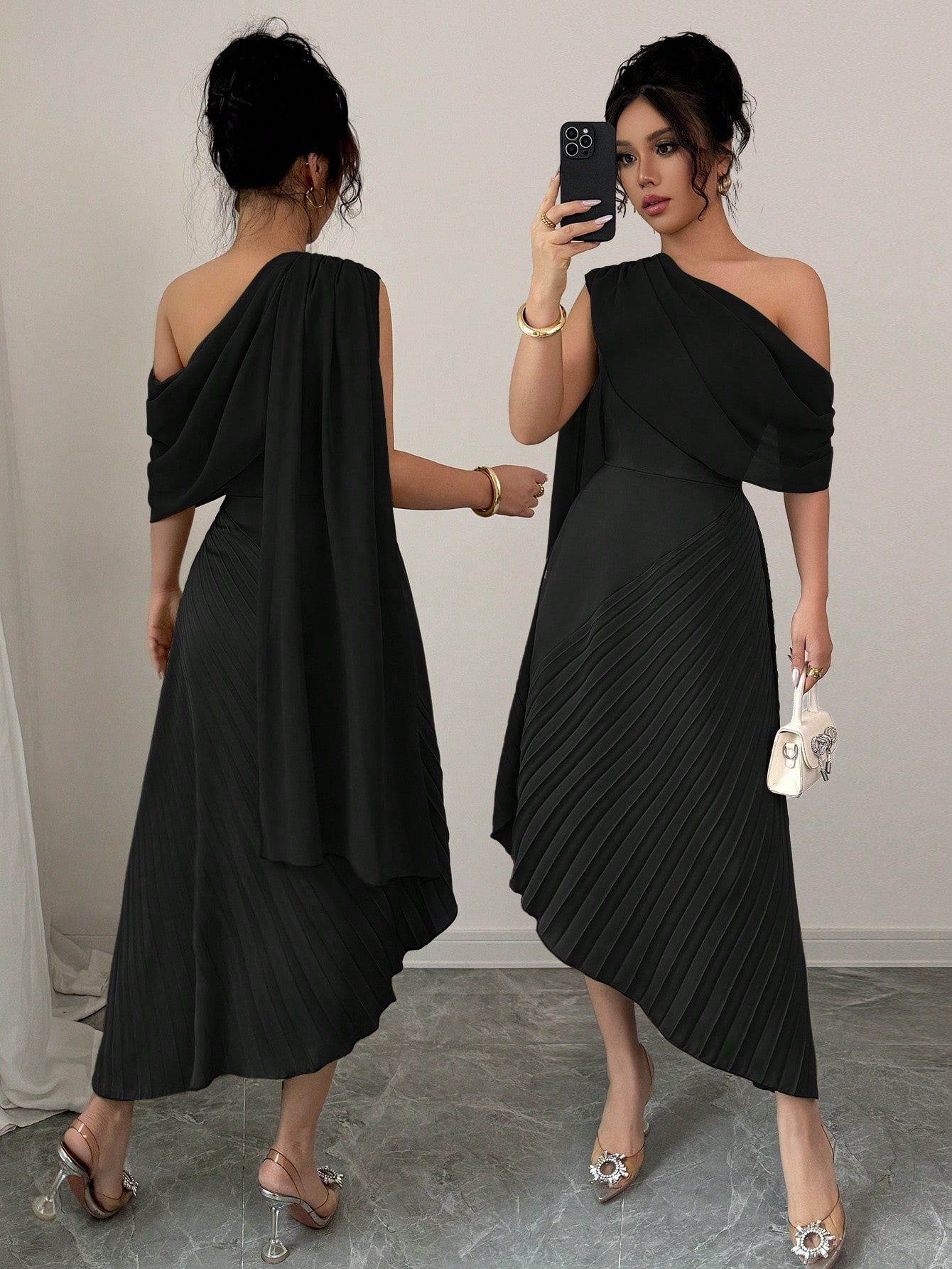 Women's One-Shoulder Ribbon Pleated Midi Dress Elegant Party Gown