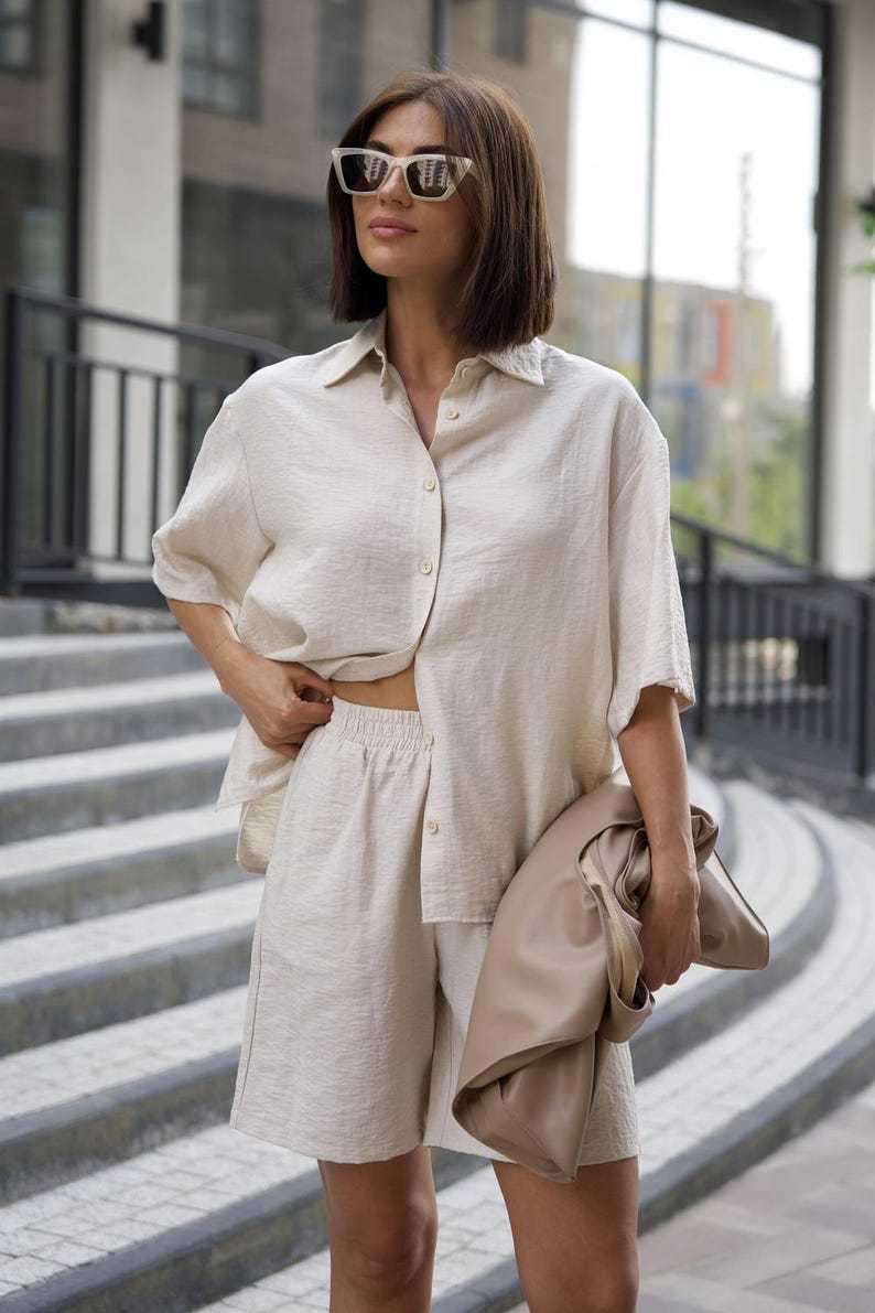 Women's Casual Shirt and Shorts Set Short Sleeve Solid Color Minimalist