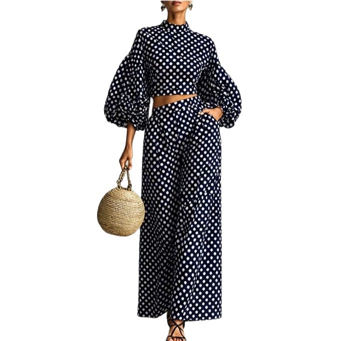 Polka Dot Lantern Sleeve Crop Top & High-Waist Wide-Leg Pants Two-Piece Set