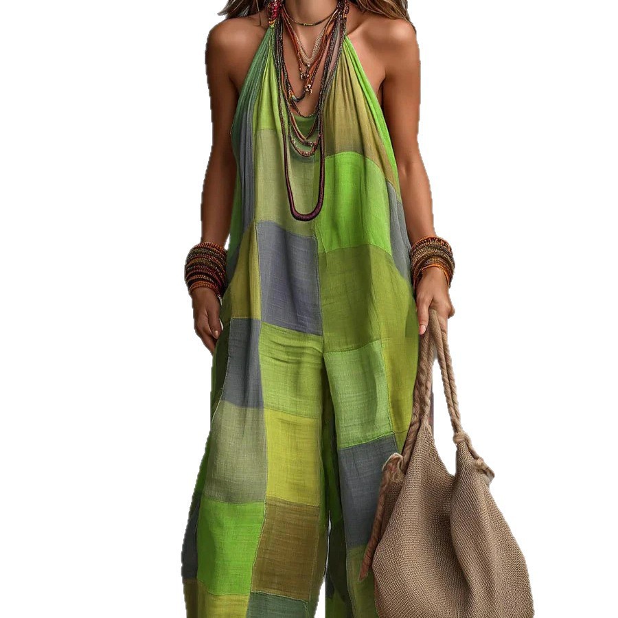 Women's Summer Plaid Print Sleeveless Wide-Leg Jumpsuit