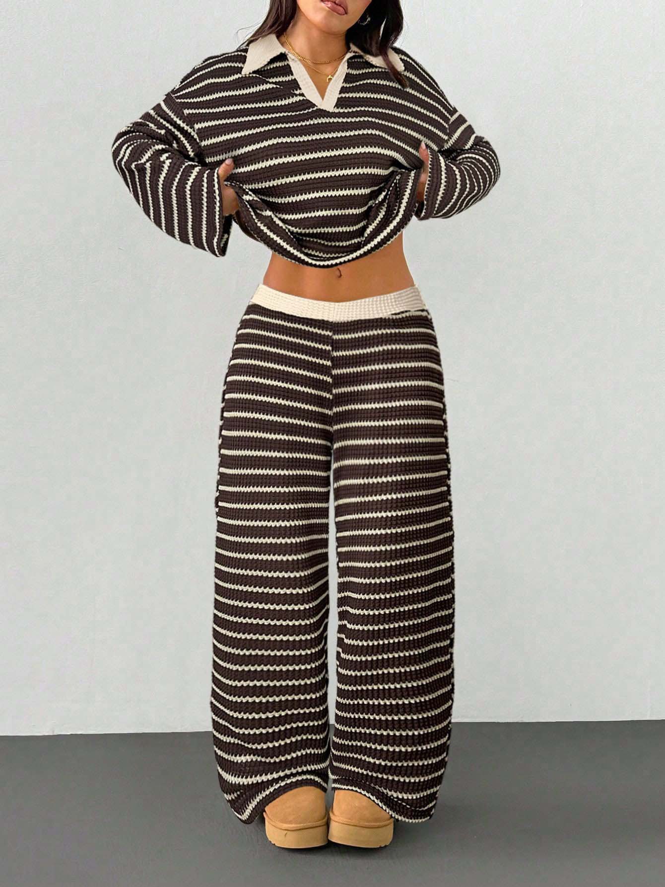 Striped Knit Color-Block Collared V-Neck Long-Sleeve Top & Pants Set