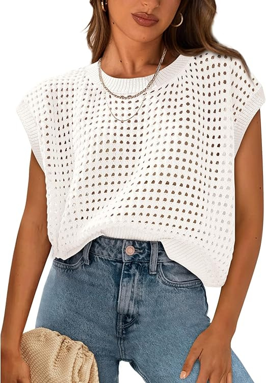 Crochet Cap Sleeve Knit Top Round Neck Pullover Beach Cover-Up