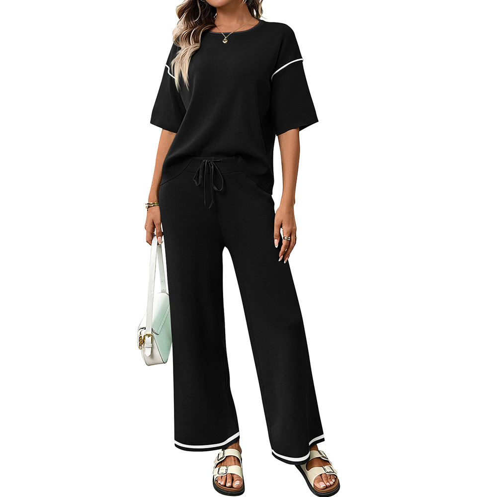 Women's Ice Silk Knit Short Sleeve Top and Pants Set Casual Solid Color