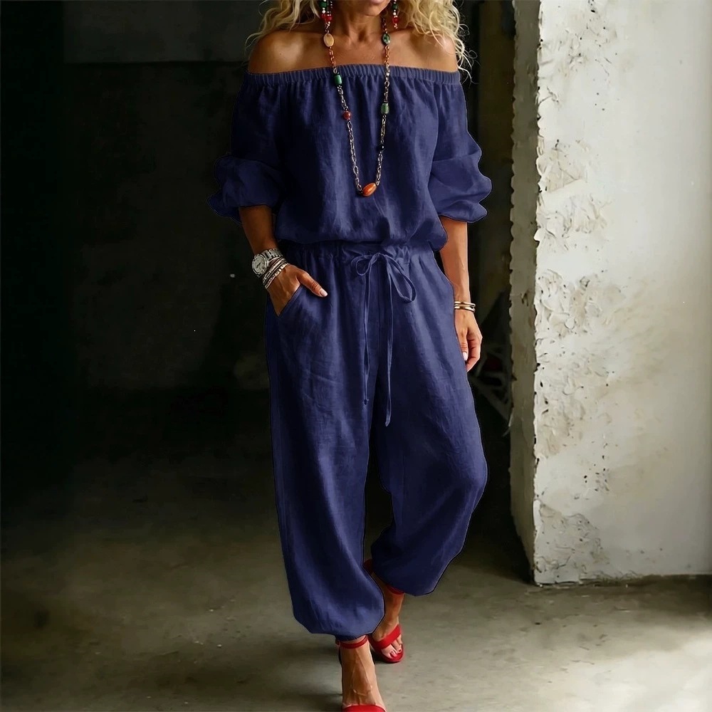 Textured Cotton-Linen Off-Shoulder Set with Puff Sleeves and Pocket Jogger Pants