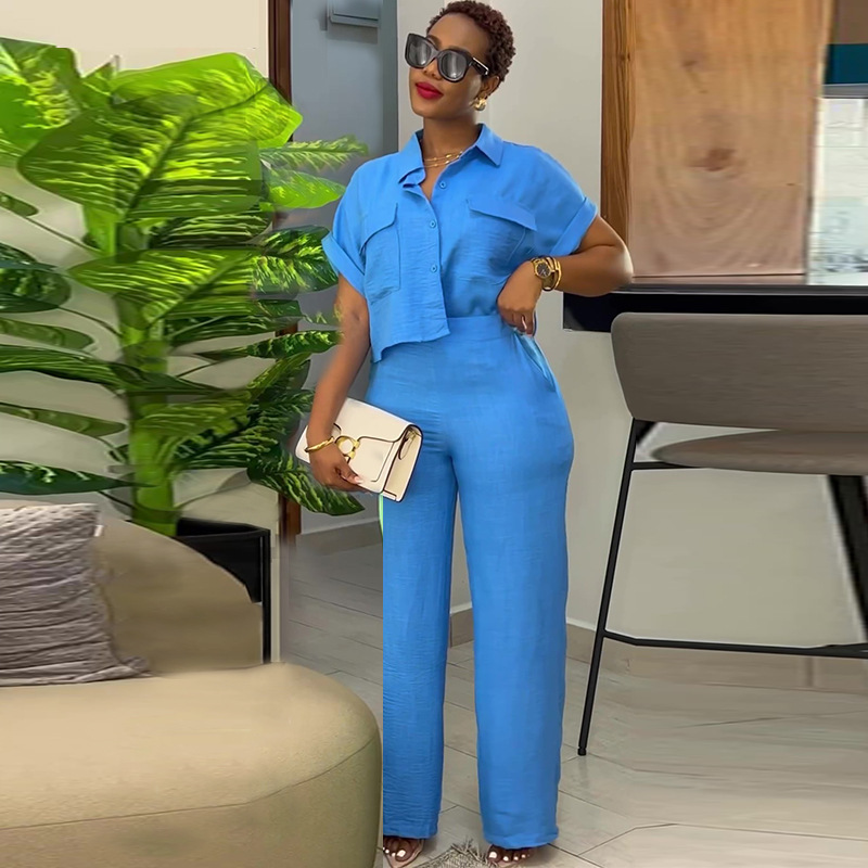 Women's Casual Short Sleeve Button-Front Shirt and Wide-Leg Pants Set