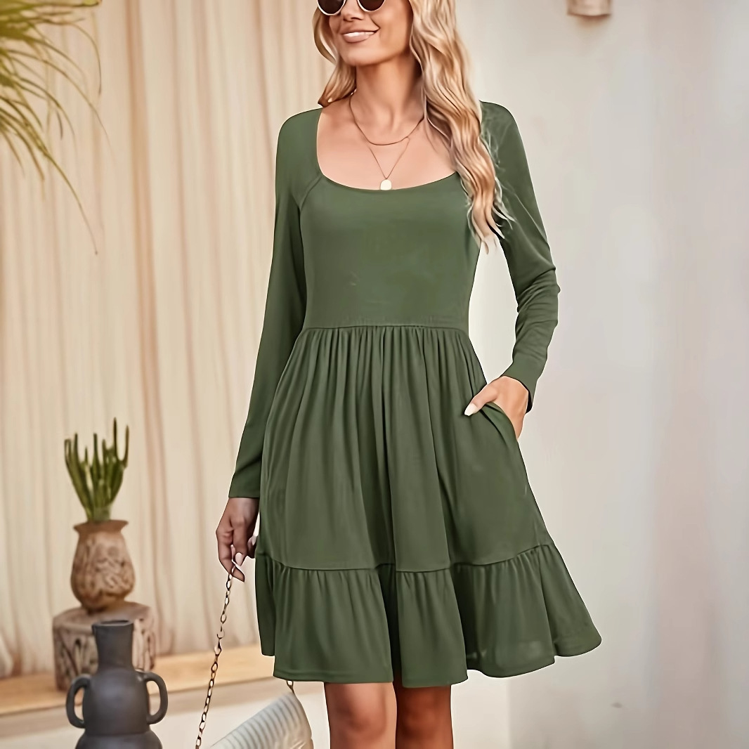 Women's Long Sleeve A-Line Ruffle Hem Patchwork Dress