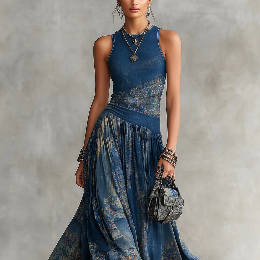 Digital Print Sleeveless A-Line Midi Dress with Round Neck