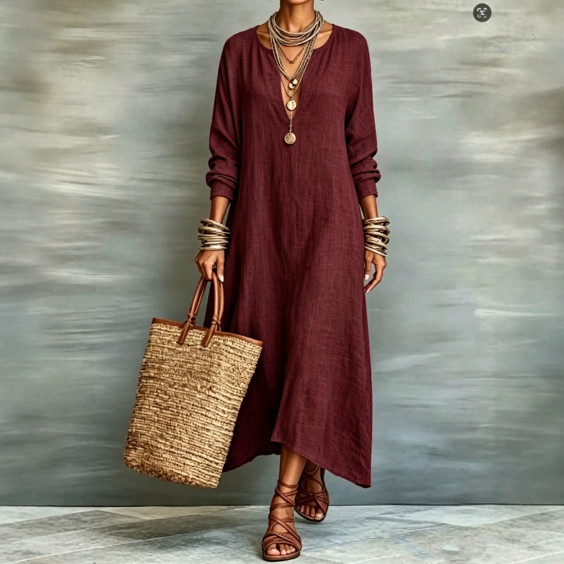 Retro Solid Deep V-Neck Long Sleeve Loose Maxi Dress