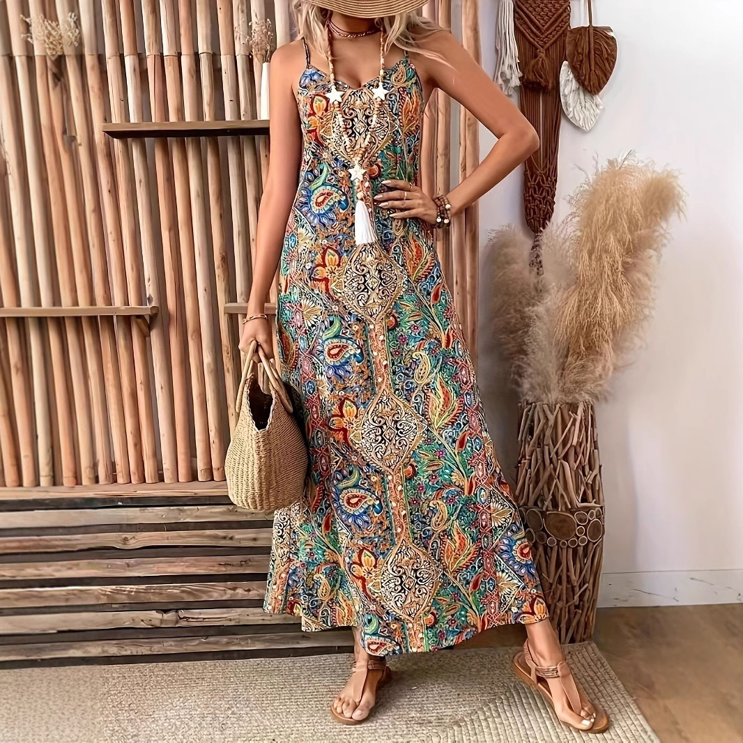Women's Bohemian V-Neck Sleeveless A-Line Maxi Dress Floral Print