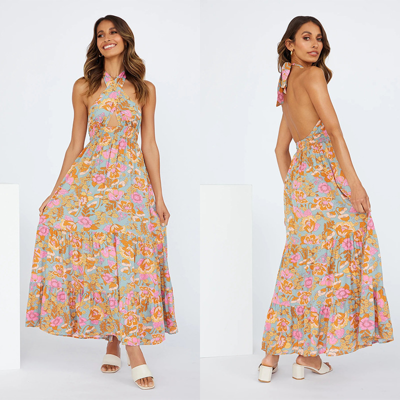 Sexy Halter Tie Split Print Vacation Dress