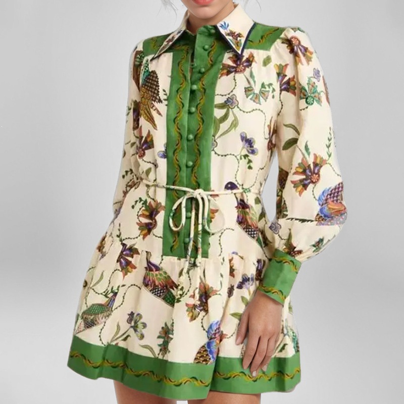Women's Long Sleeve Shirt and Pleated Skirt Printed Two-Piece Set