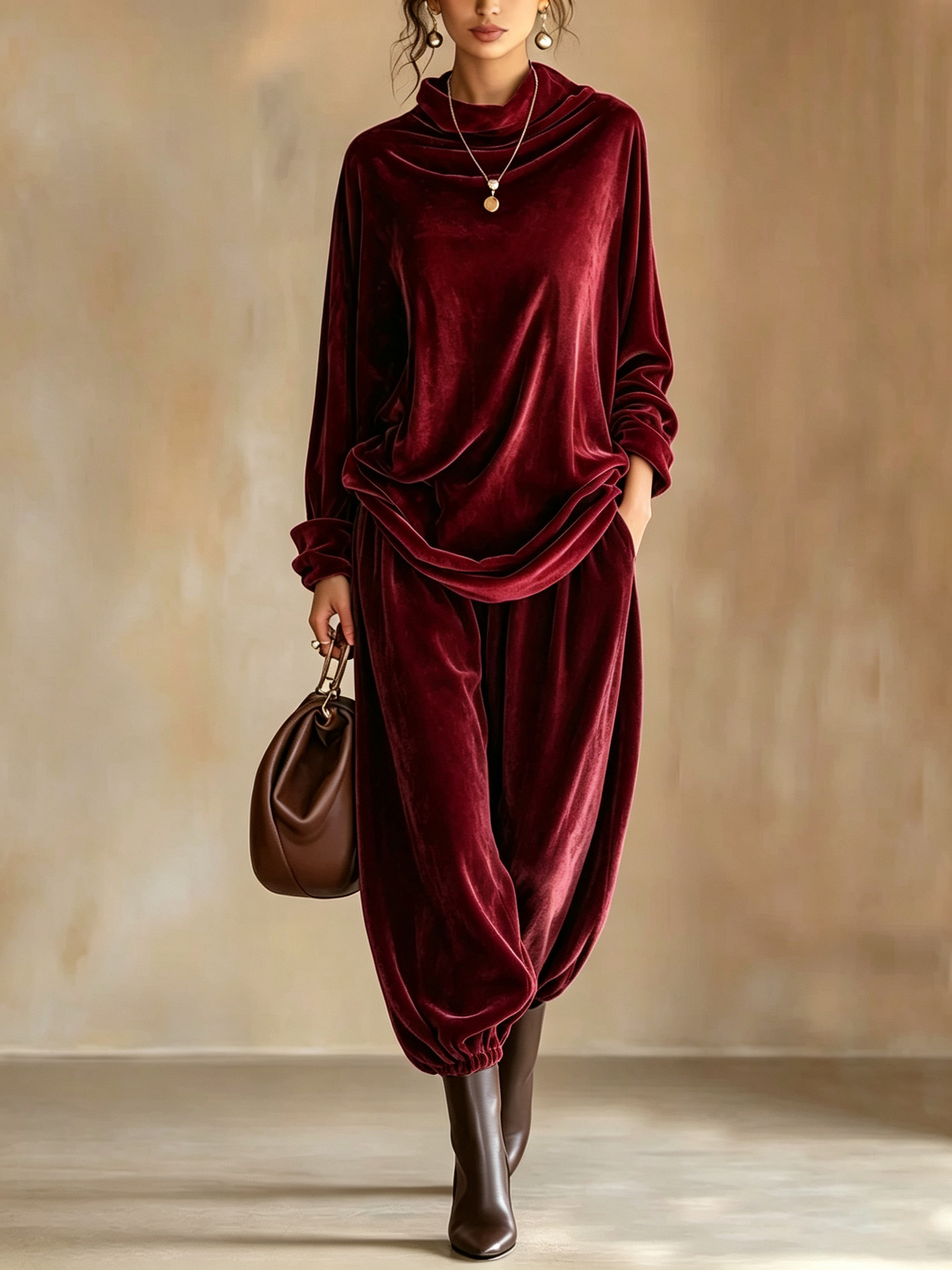Women's Velvet Two-Piece Set with Cowl Neck Top and Harem Pants
