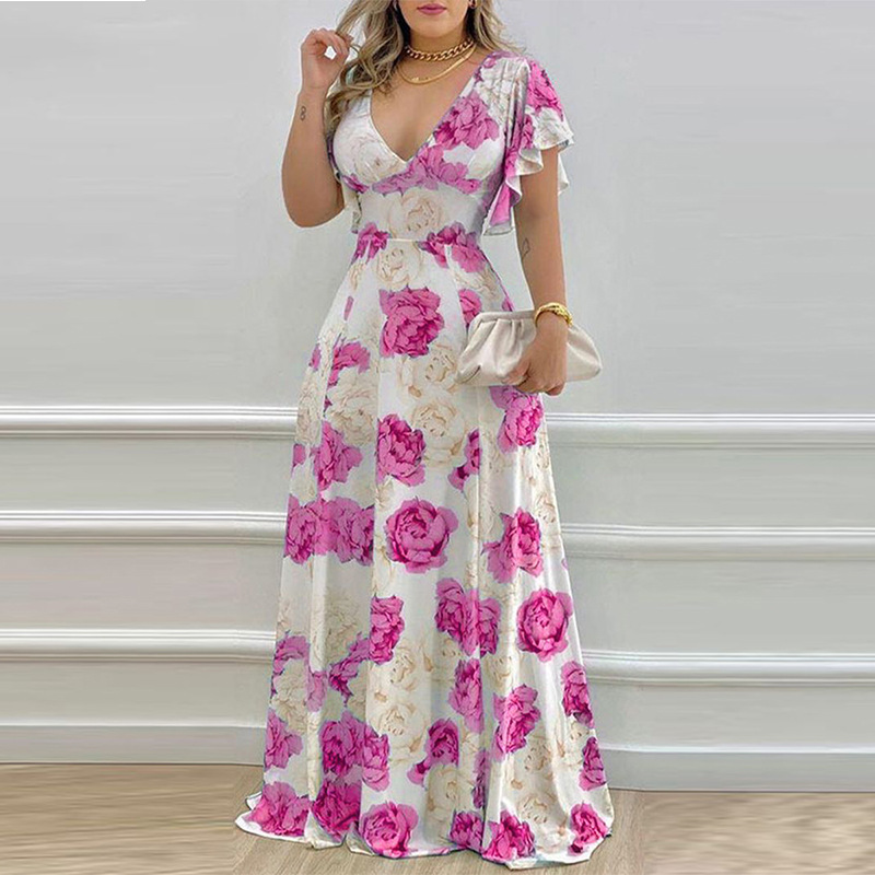 Women's Long Sleeve V-Neck Floral Print High Waist Maxi Dress