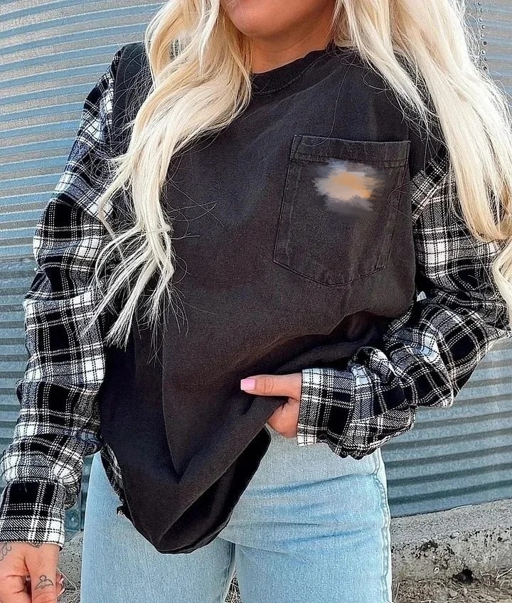Women's Vintage Round Neck Long Sleeve Plaid Patchwork Sweatshirt