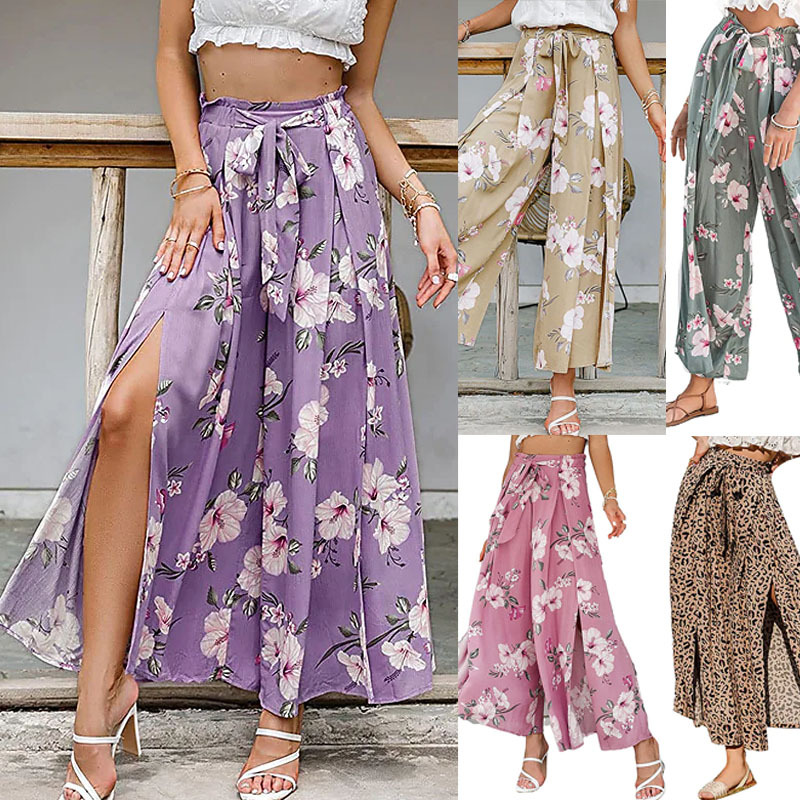 Women's High-Waist Wide-Leg Split Digital Print Pants