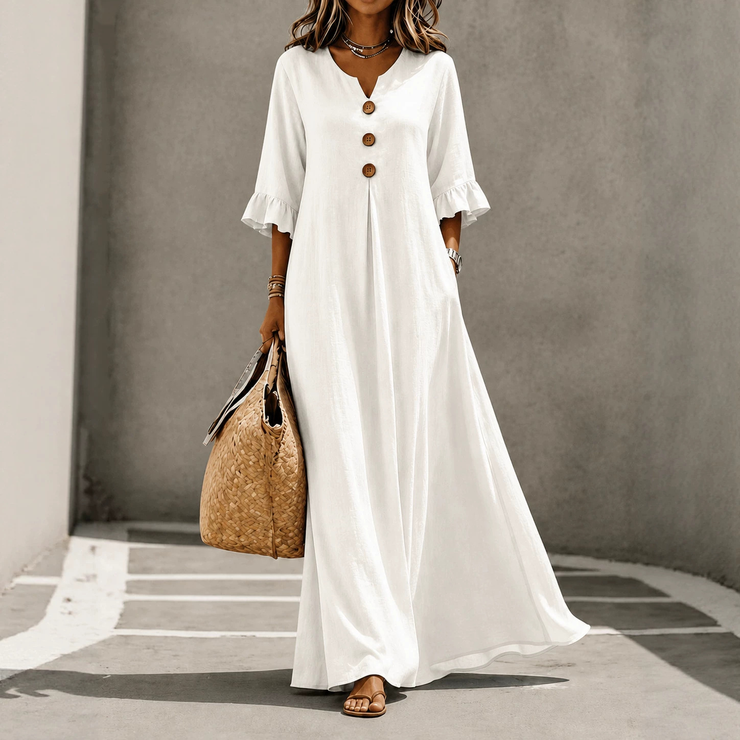 Women's Solid V-Neck Wood Button Ruffle Sleeve Pocket Dress