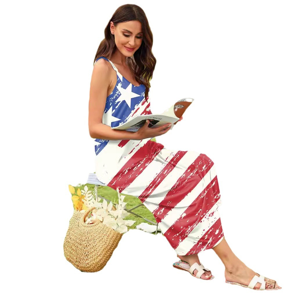 Flag Print Sleeveless A-Line Midi Dress with Pockets