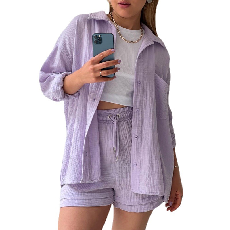 Women's Crinkle Fabric Collared Long Sleeve Shirt and High Waist Drawstring Shorts Set