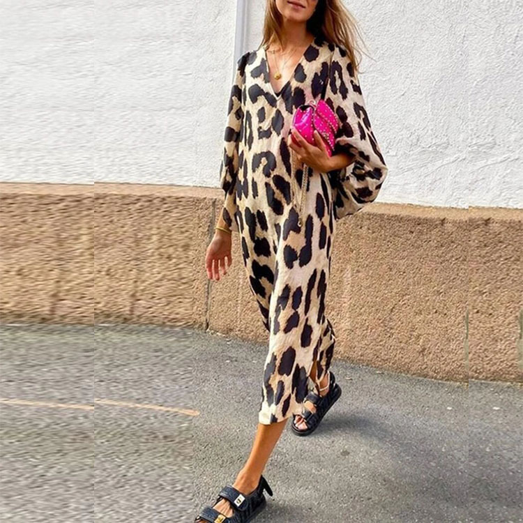 Lantern Sleeve V-Neck Leopard Print Midi Dress