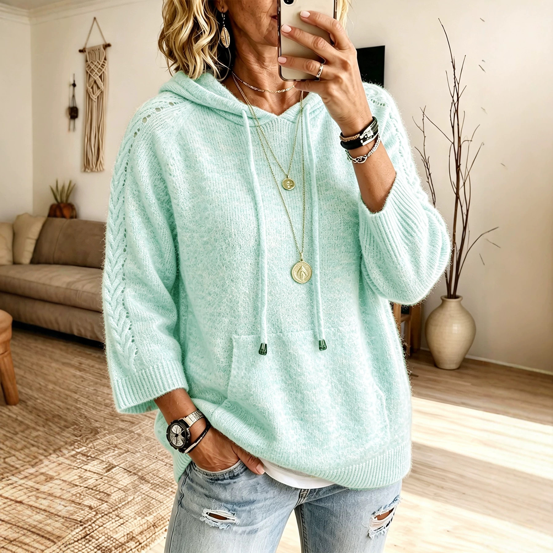 Drawstring Hooded Short Sleeve Knit Top Women's Loose Ribbed Trim Casual