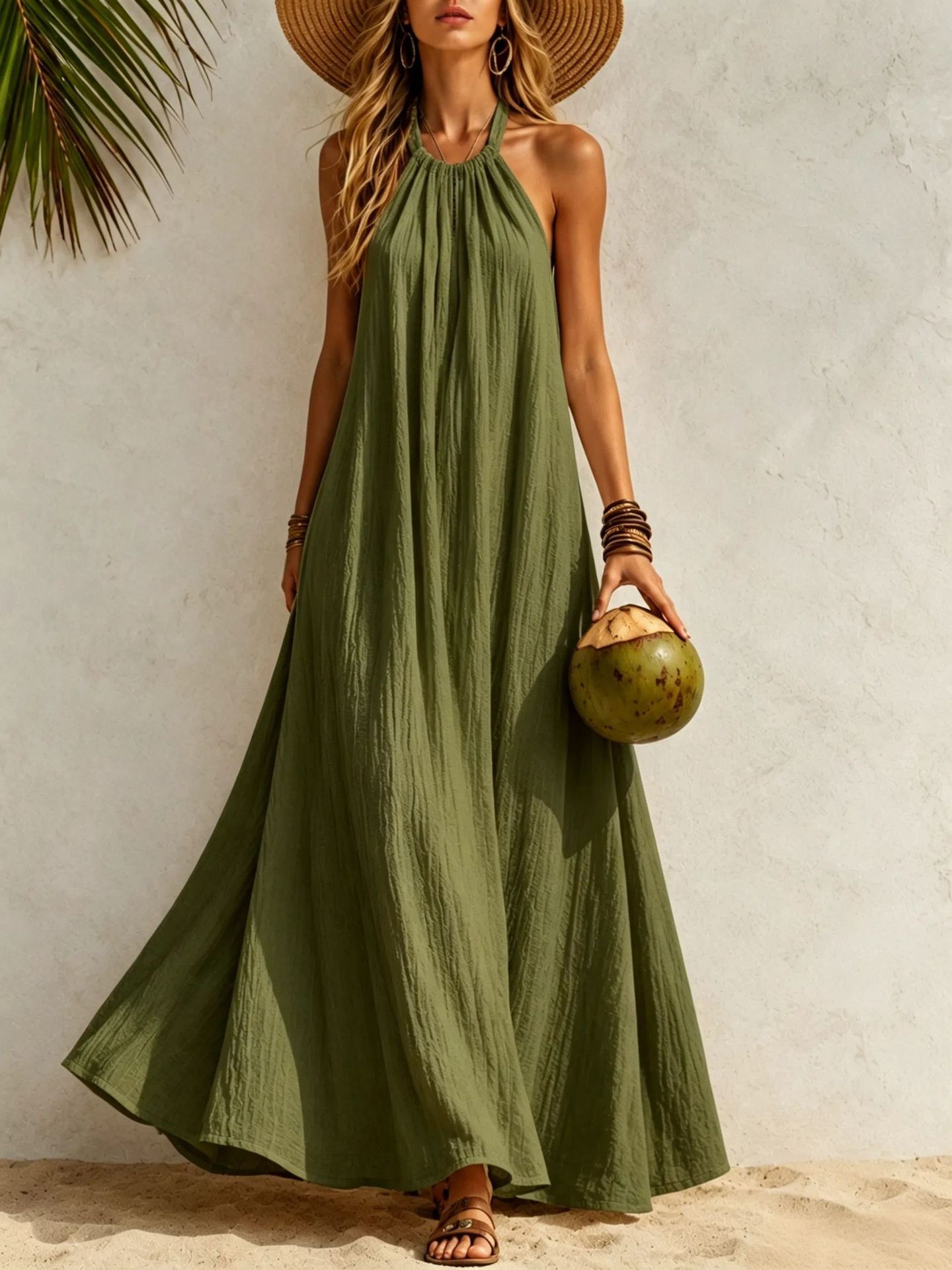 Women's Halter Neck Maxi Dress Loose A-Line Boho Beach Vacation Dress