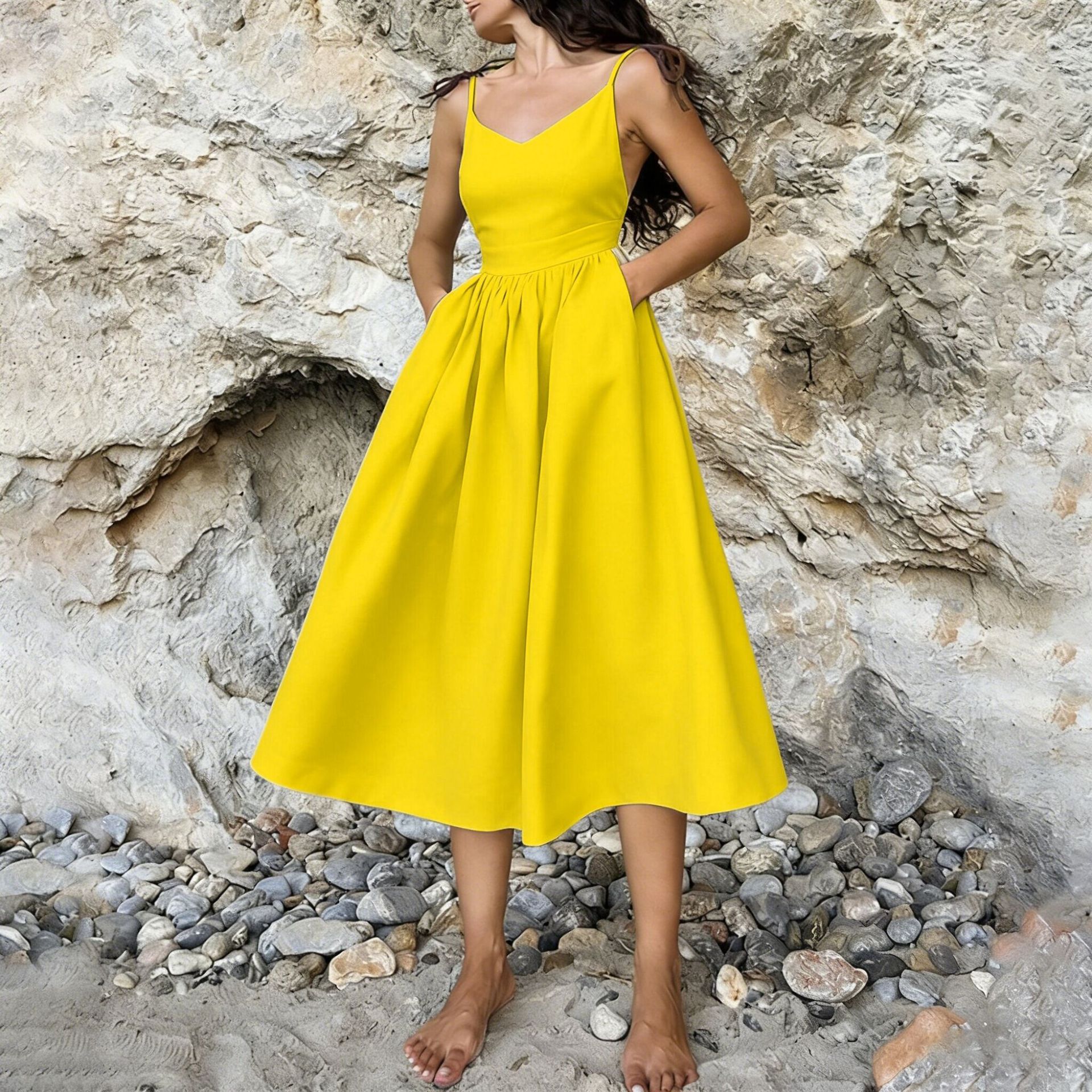 Elegant Solid High-Waist Cami Dress Sleeveless Long