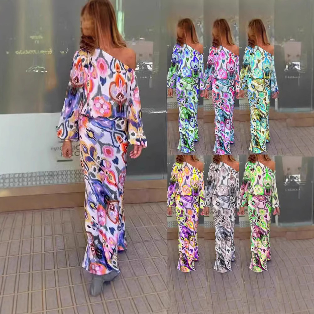 Women's Floral Print Long Sleeve Off-Shoulder Top and Mermaid Maxi Skirt Set