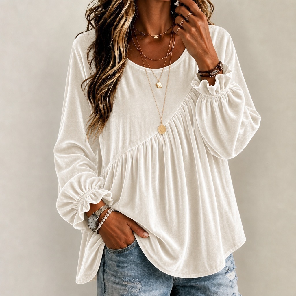 Women's Solid Velvet Round Neck Long Sleeve Loose Irregular Pleated Top