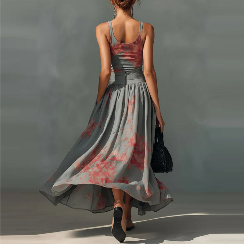 Women's Boho Floral Print Sleeveless Tank Top and Long Skirt Two-Piece Set
