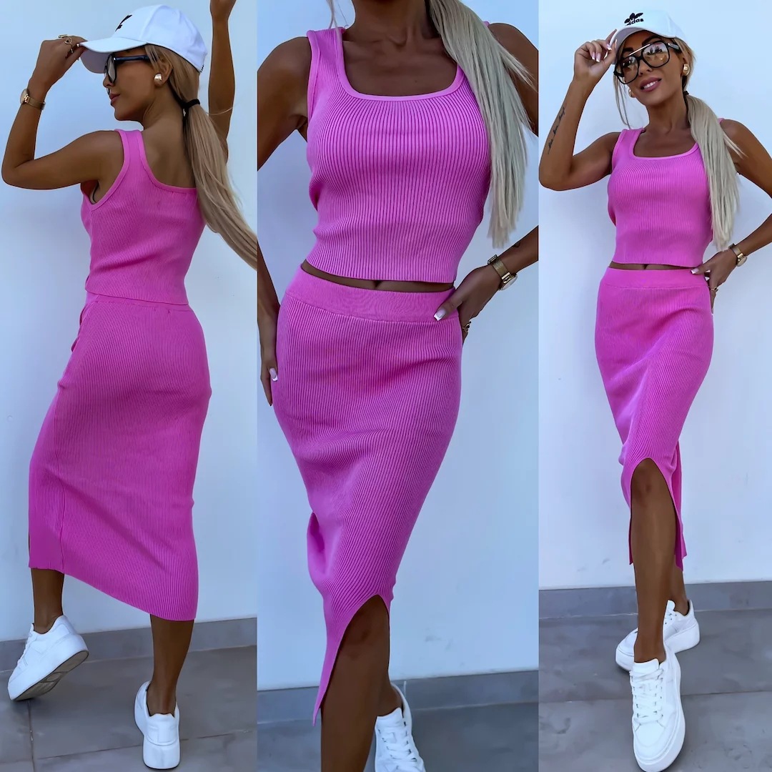 Women's Sleeveless Tank Top and Slit Skirt Two-Piece Set Solid Color Slim Fit