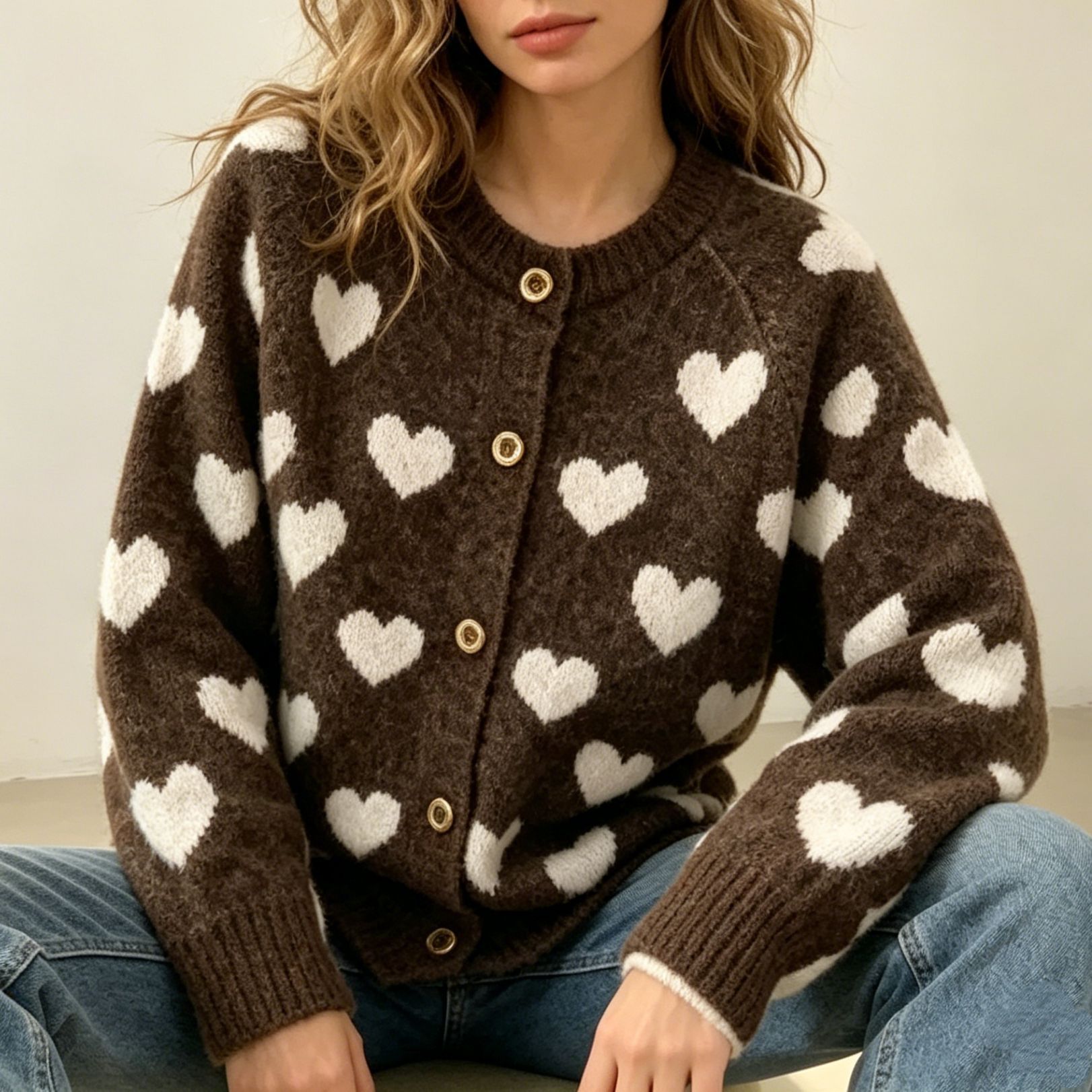 Heart Jacquard Color-Block Knit Cardigan Sweater