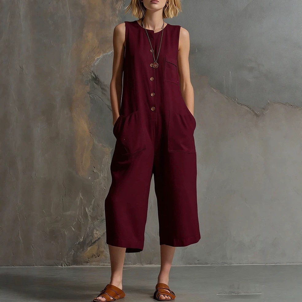 Round Neck Sleeveless Cropped Jumpsuit with Half Button Front and Pockets