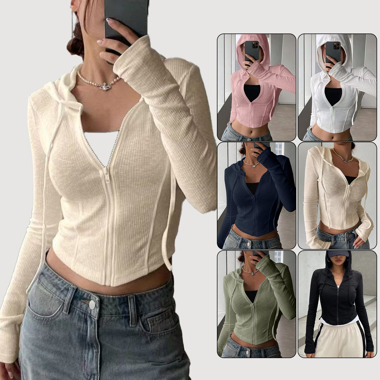 Women's Slim Fit Zip-Up Hooded Cardigan Knit Top