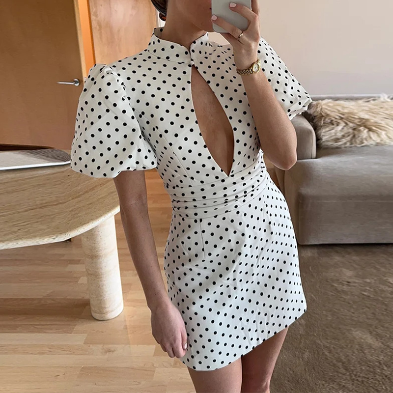 Women's Polka Dot Cutout Puff Sleeve Dress